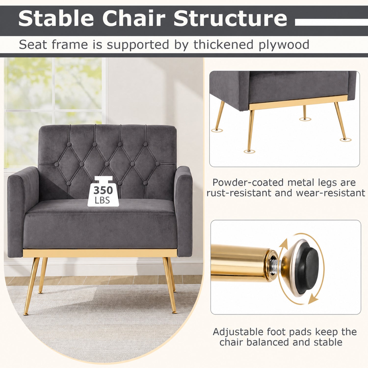Velvet Upholstered Accent Chair with Button Tufted Back, Gray Accent Chairs at Gallery Canada