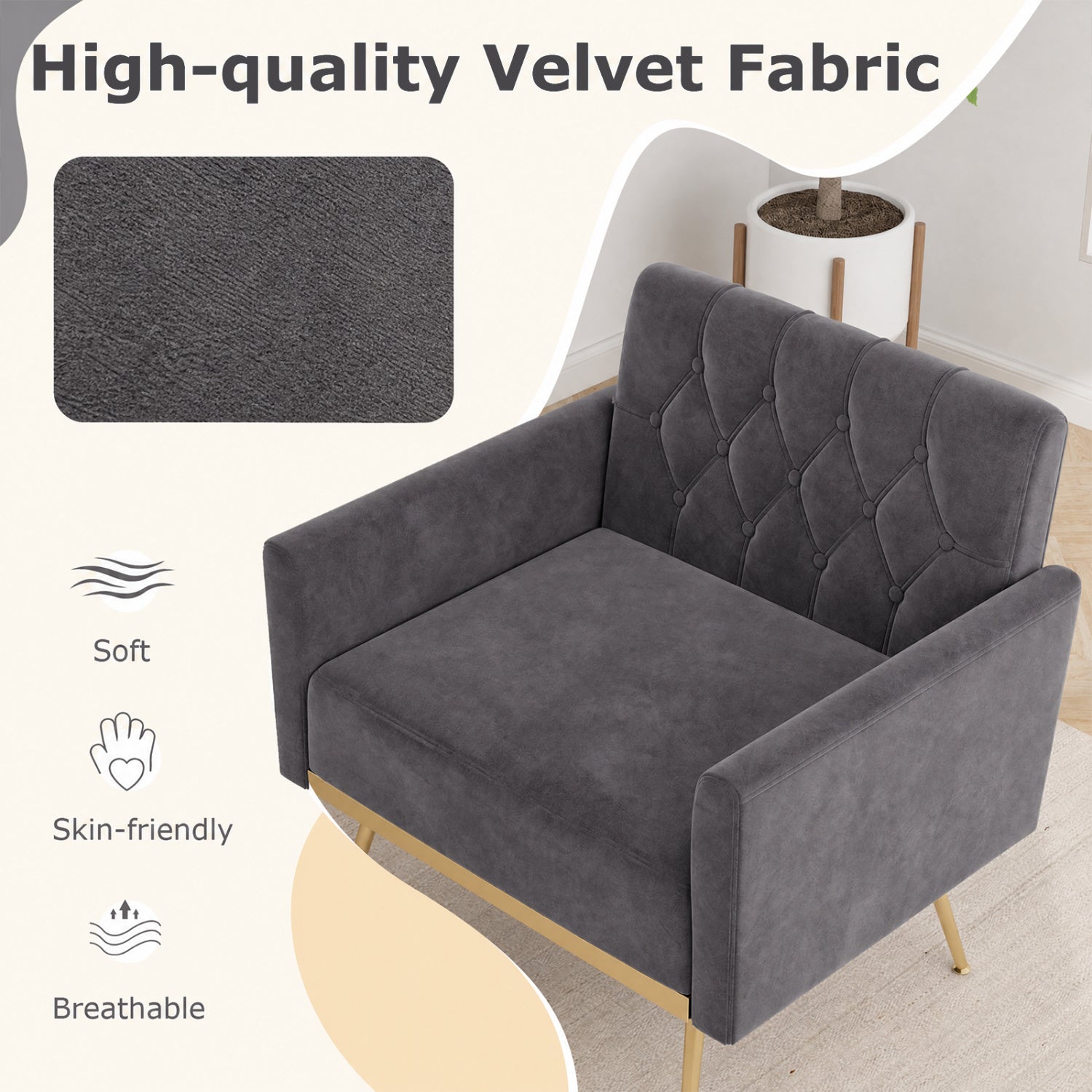 Velvet Upholstered Accent Chair with Button Tufted Back, Gray Accent Chairs at Gallery Canada