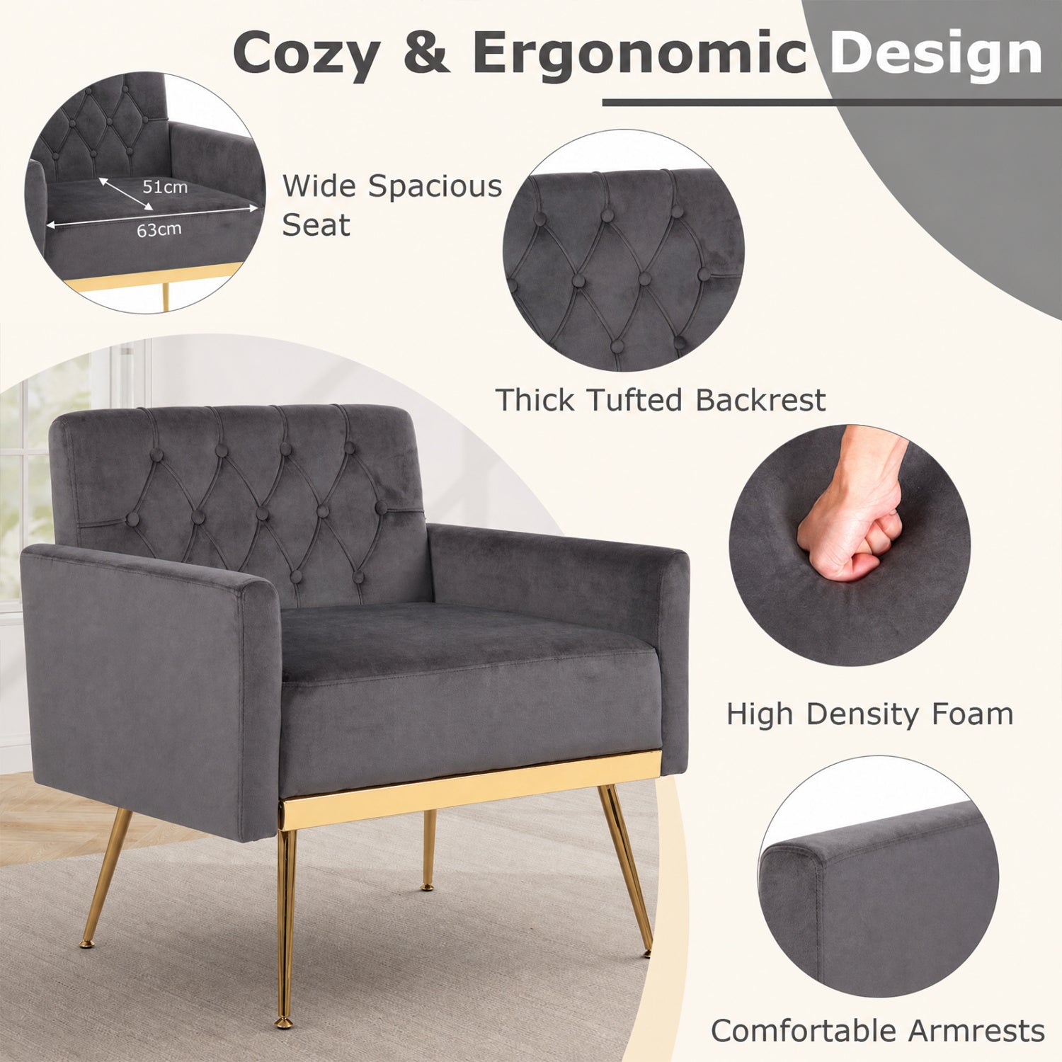 Velvet Upholstered Accent Chair with Button Tufted Back, Gray Accent Chairs at Gallery Canada