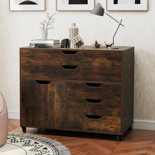 Modern Vertical 5-Drawer Mobile Chest with Door 5 Casters, Brown