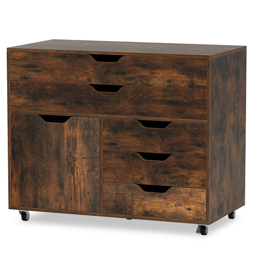 Modern Vertical 5-Drawer Mobile Chest with Door 5 Casters, Brown