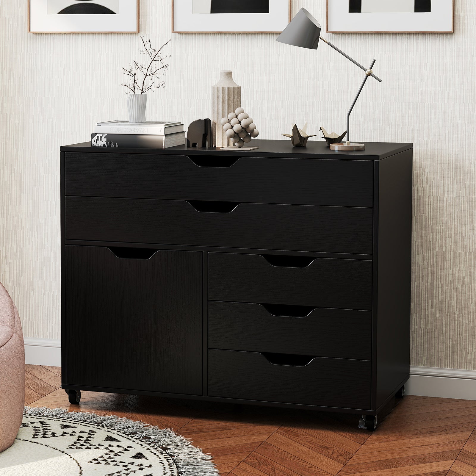 Modern Vertical 5-Drawer Mobile Chest with Door 5 Casters, Black File Cabinets at Gallery Canada