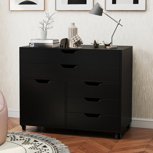 Modern Vertical 5-Drawer Mobile Chest with Door 5 Casters, Black