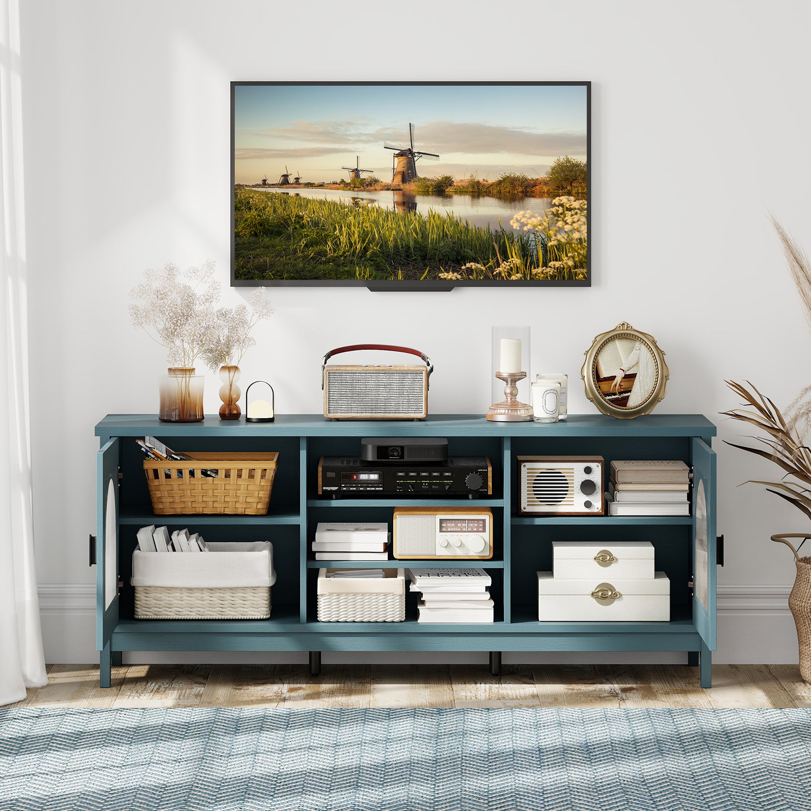 Vintage TV Cabinet, Adjustable Shelves, 65 Inches, Turquoise Entertainment Centers & TV Stands at Gallery Canada