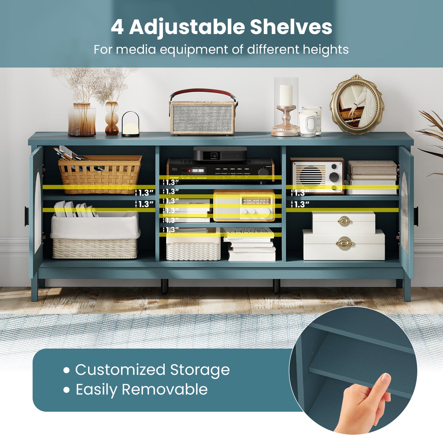 Vintage TV Cabinet, Adjustable Shelves, 65 Inches, Turquoise Entertainment Centers & TV Stands at Gallery Canada