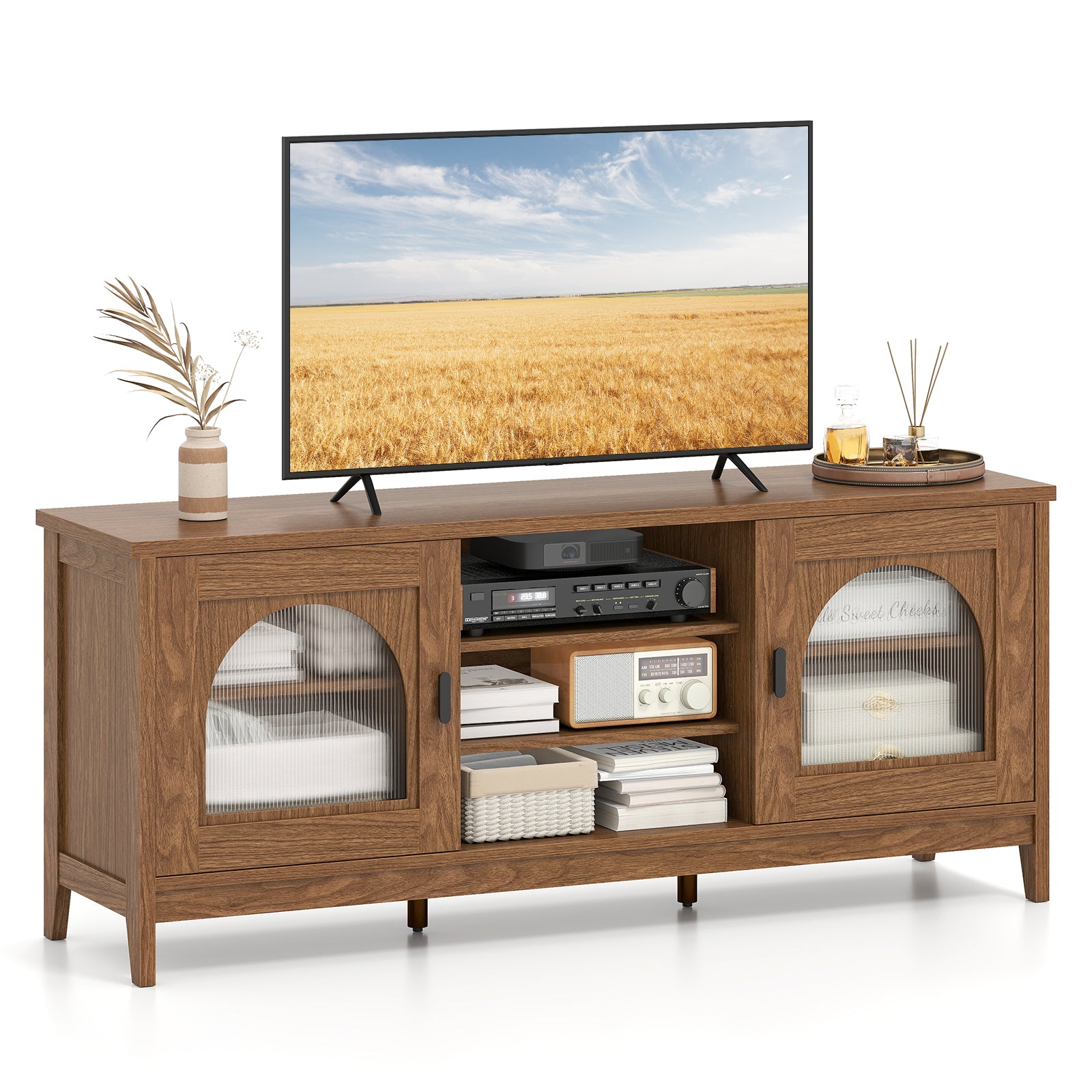 Vintage TV Cabinet, Adjustable Shelves, 2 Cable Holes, 65 Inches, Walnut Entertainment Centers & TV Stands at Gallery Canada