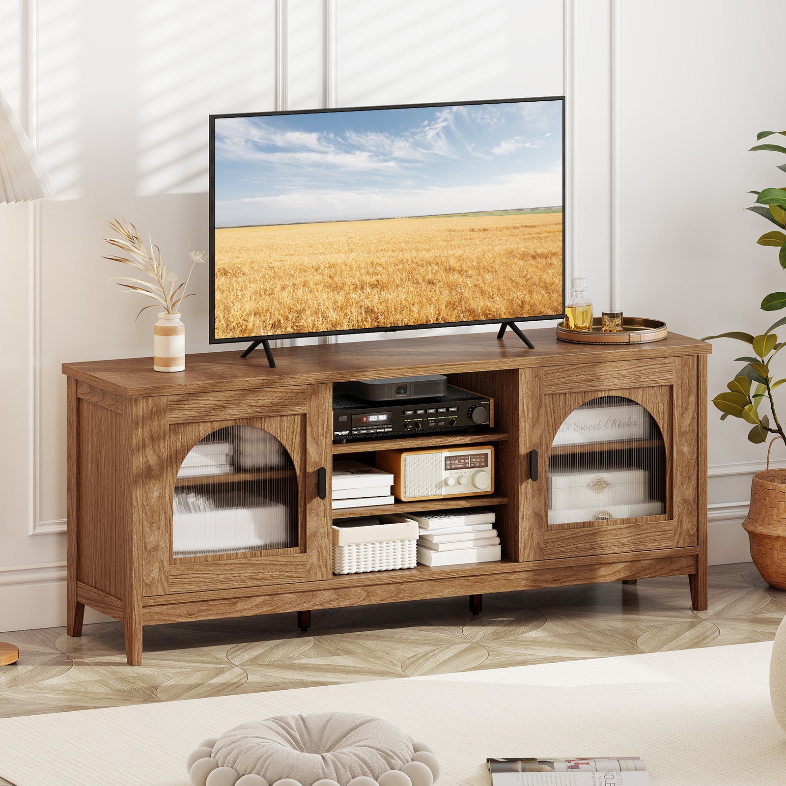 Vintage TV Cabinet, Adjustable Shelves, 2 Cable Holes, 65 Inches, Walnut Entertainment Centers & TV Stands at Gallery Canada