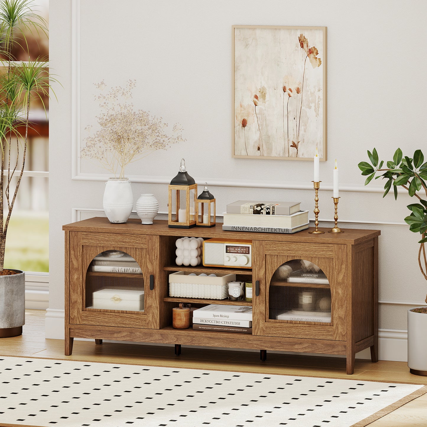 Vintage TV Cabinet, Adjustable Shelves, 2 Cable Holes, 65 Inches, Walnut Entertainment Centers & TV Stands at Gallery Canada