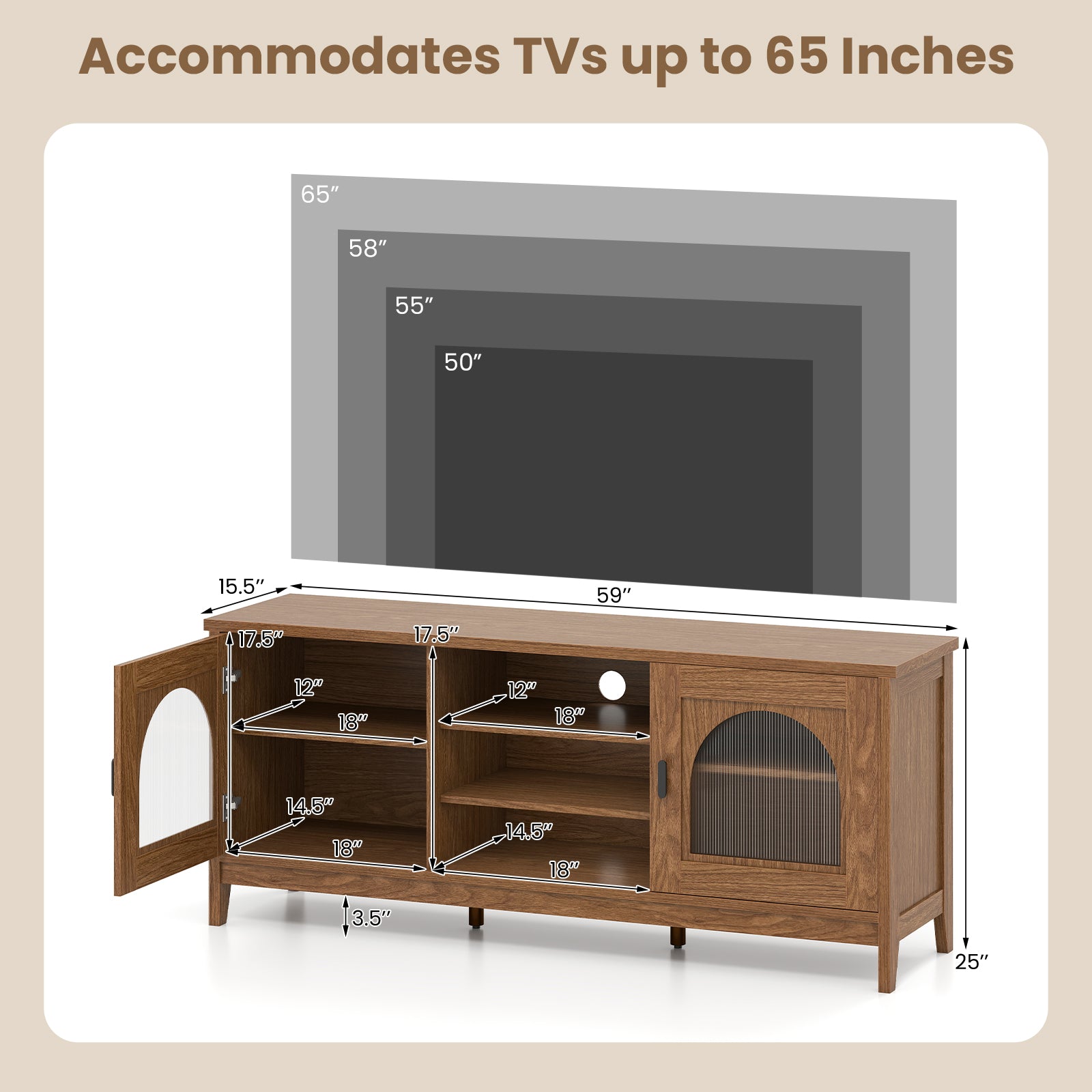 Vintage TV Cabinet, Adjustable Shelves, 2 Cable Holes, 65 Inches, Walnut Entertainment Centers & TV Stands at Gallery Canada