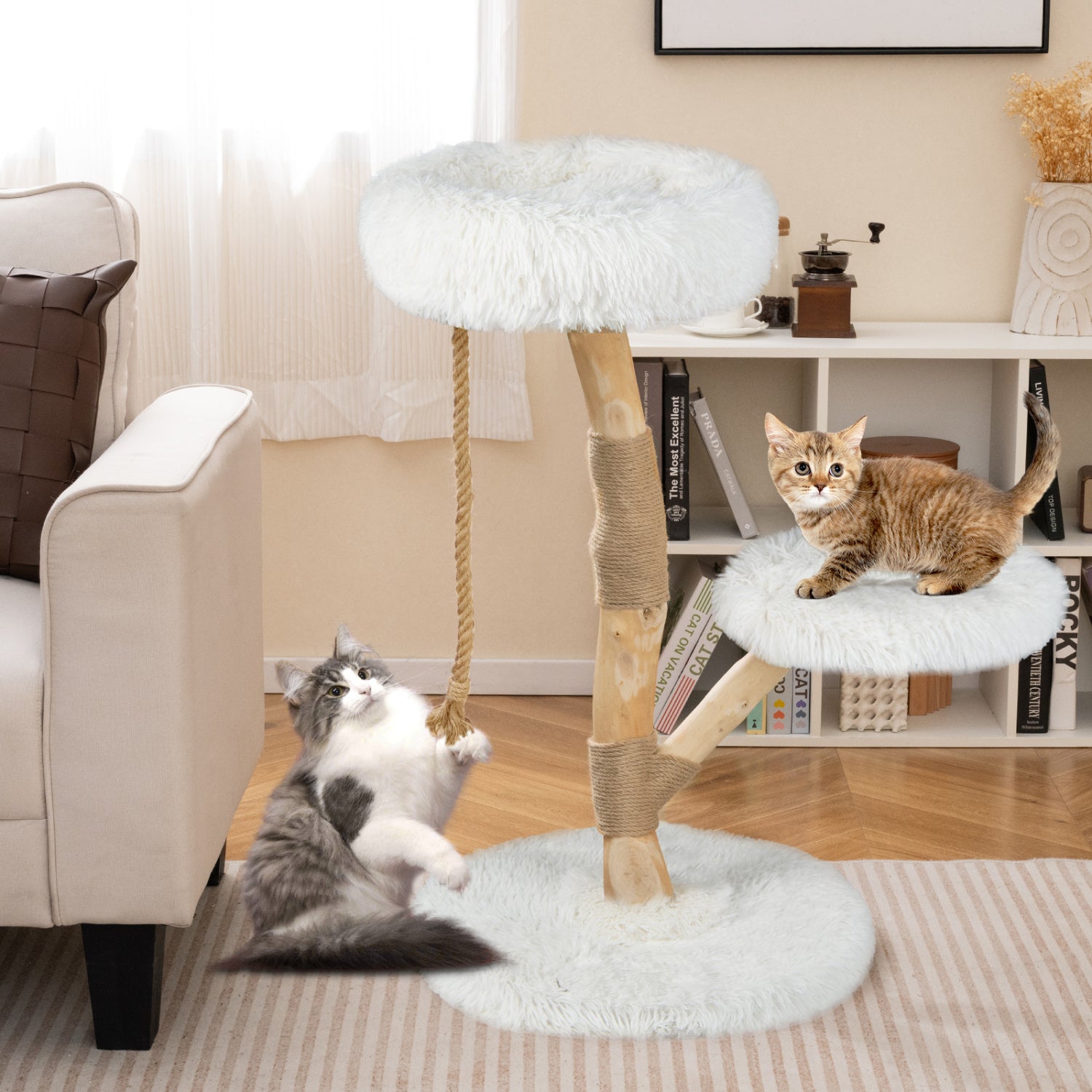 Wooden Cat Tree Tower With Perch, Jute Scratching Posts, White Cat Trees Condos & Scratchers at Gallery Canada