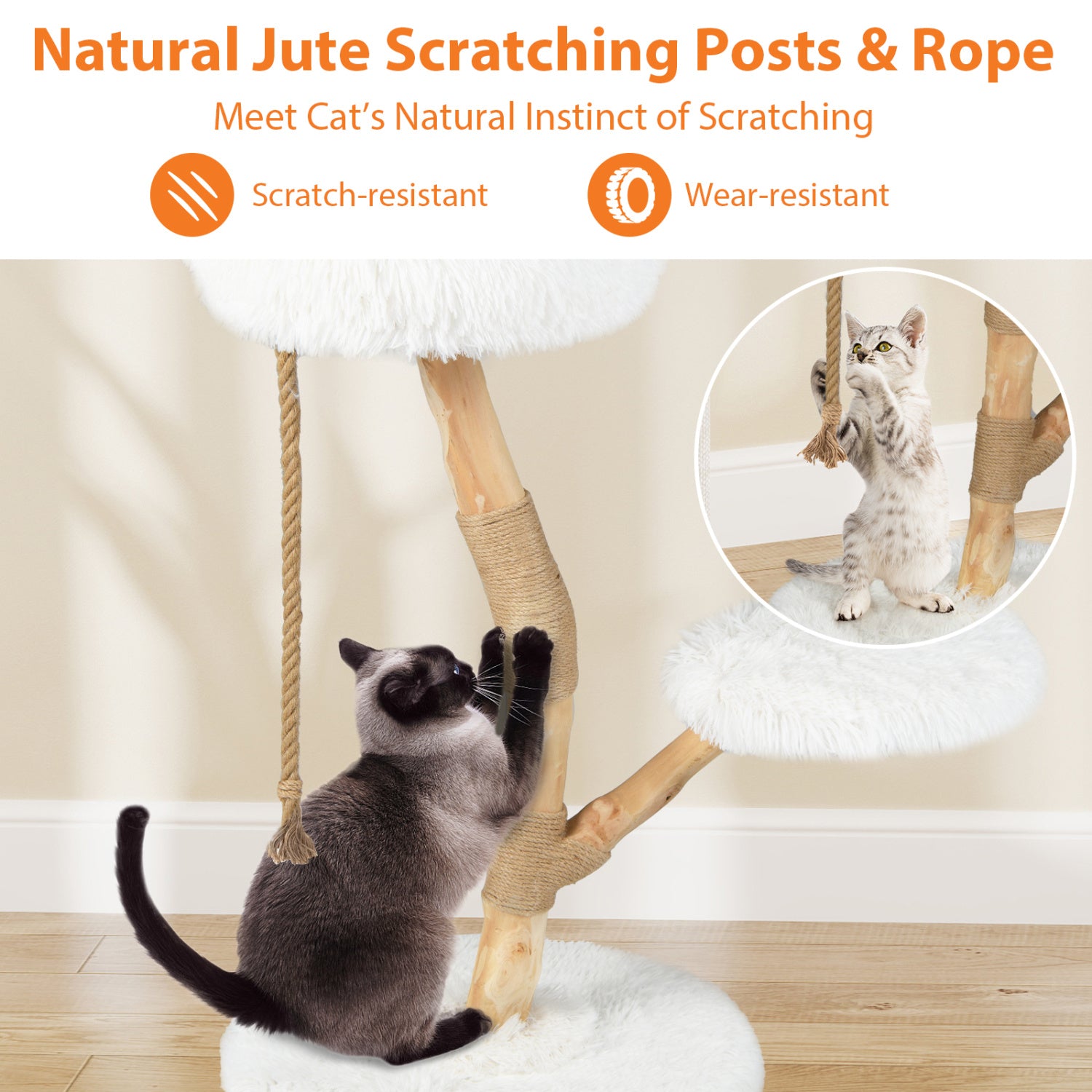 Wooden Cat Tree Tower With Perch, Jute Scratching Posts, White Cat Trees Condos & Scratchers at Gallery Canada