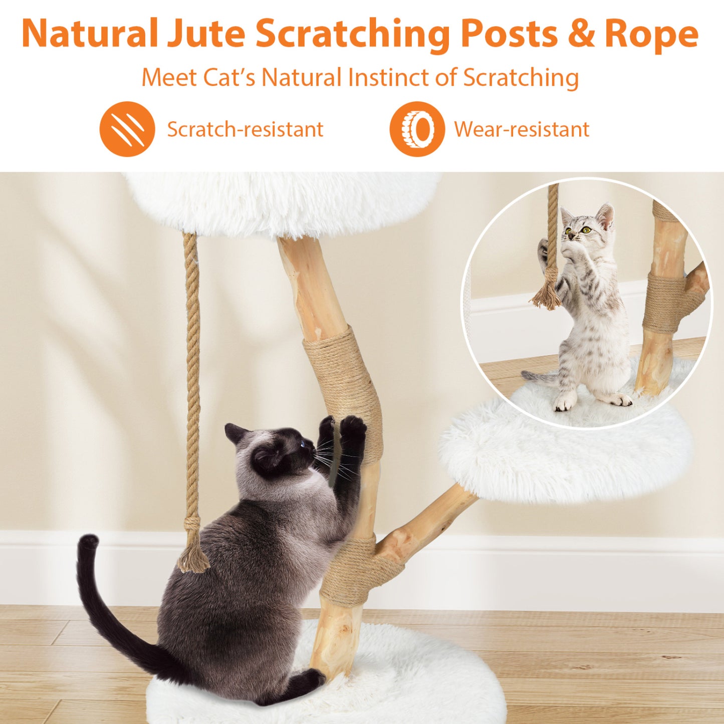 Wooden Cat Tree Tower With Perch, Jute Scratching Posts, White Cat Trees Condos & Scratchers at Gallery Canada
