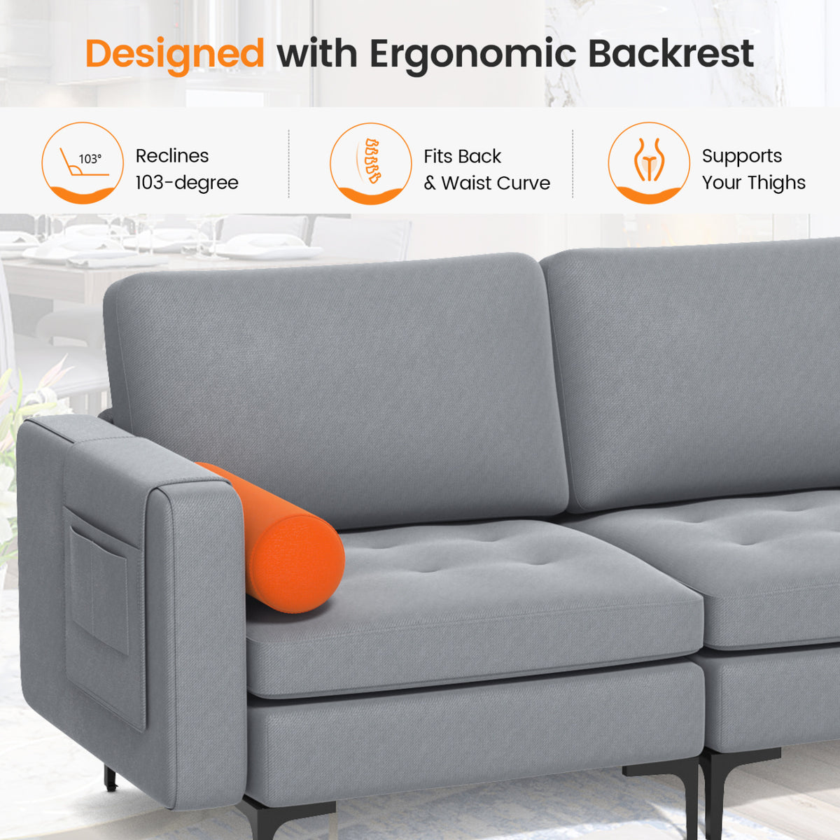 Modular 3-Seat Sofa, USB Ports, Side Storage Pocket, Gray Sofas & Loveseats at Gallery Canada
