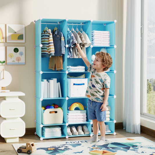 Modular Baby Wardrobe with 13 Cubes and Hanging Rod and Shelves Stackable, Blue Kids Storage Blue at Gallery Canada