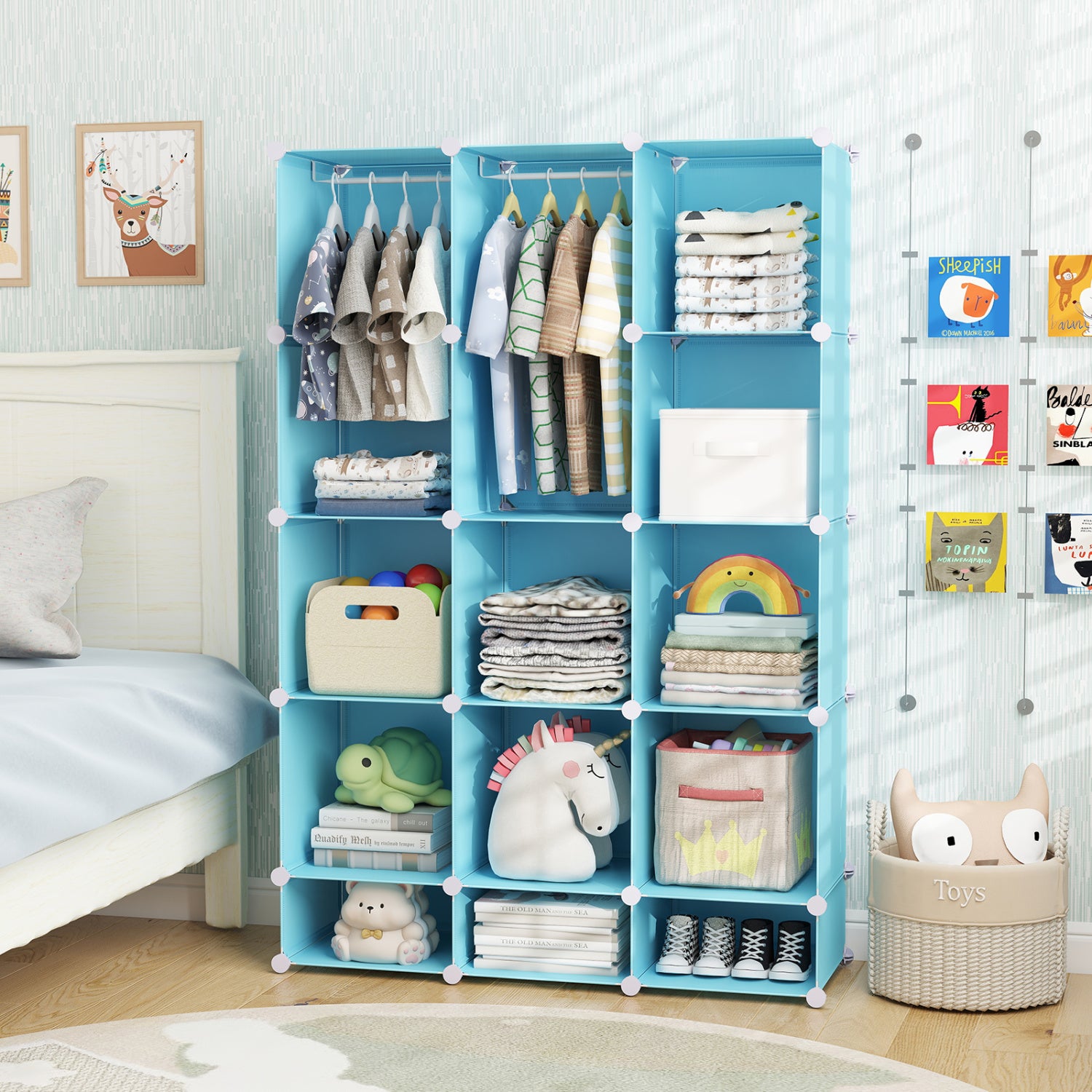Modular Baby Wardrobe with 13 Cubes and Hanging Rod and Shelves Stackable, Blue Kids Storage at Gallery Canada