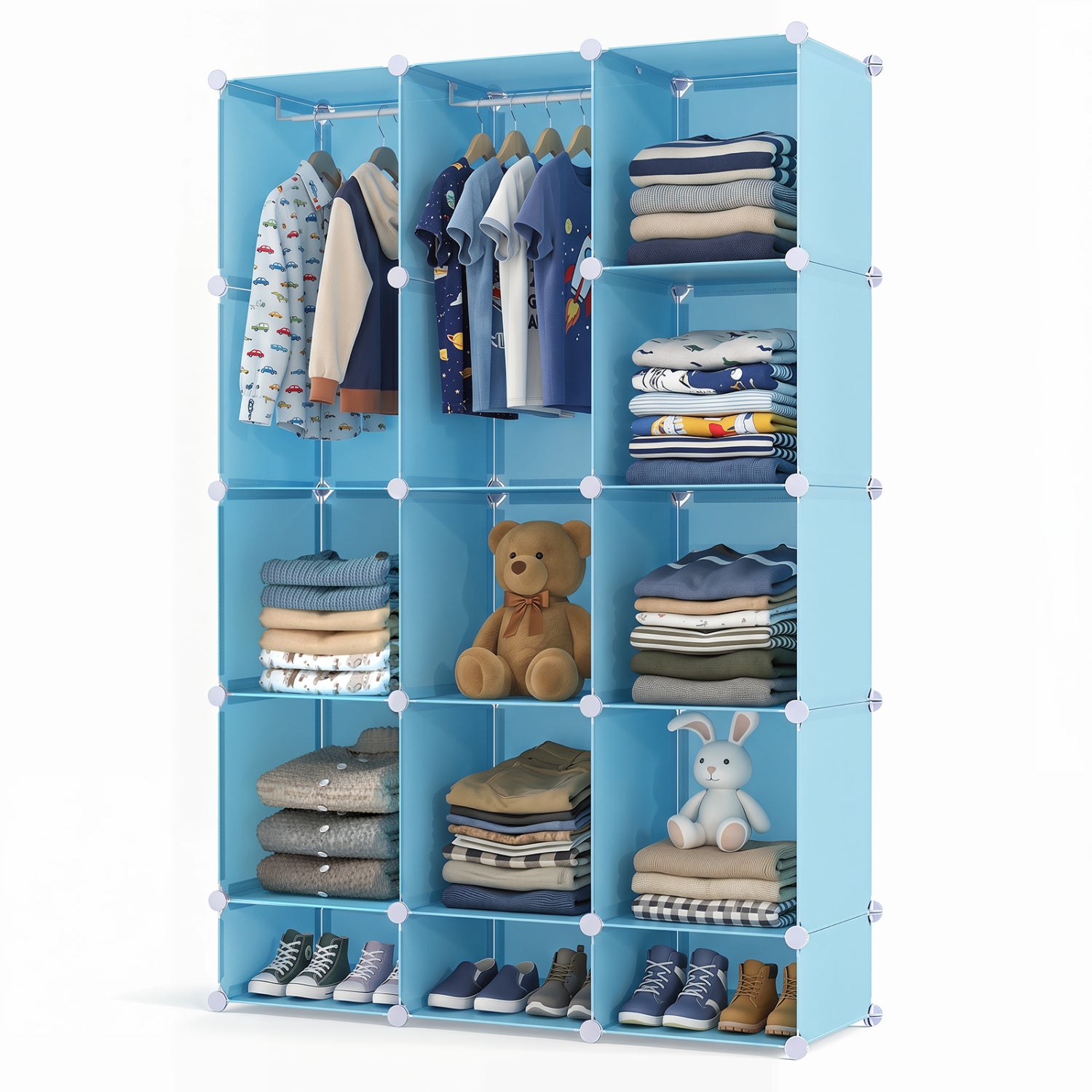 Modular Baby Wardrobe with 13 Cubes and Hanging Rod and Shelves Stackable, Blue Kids Storage at Gallery Canada