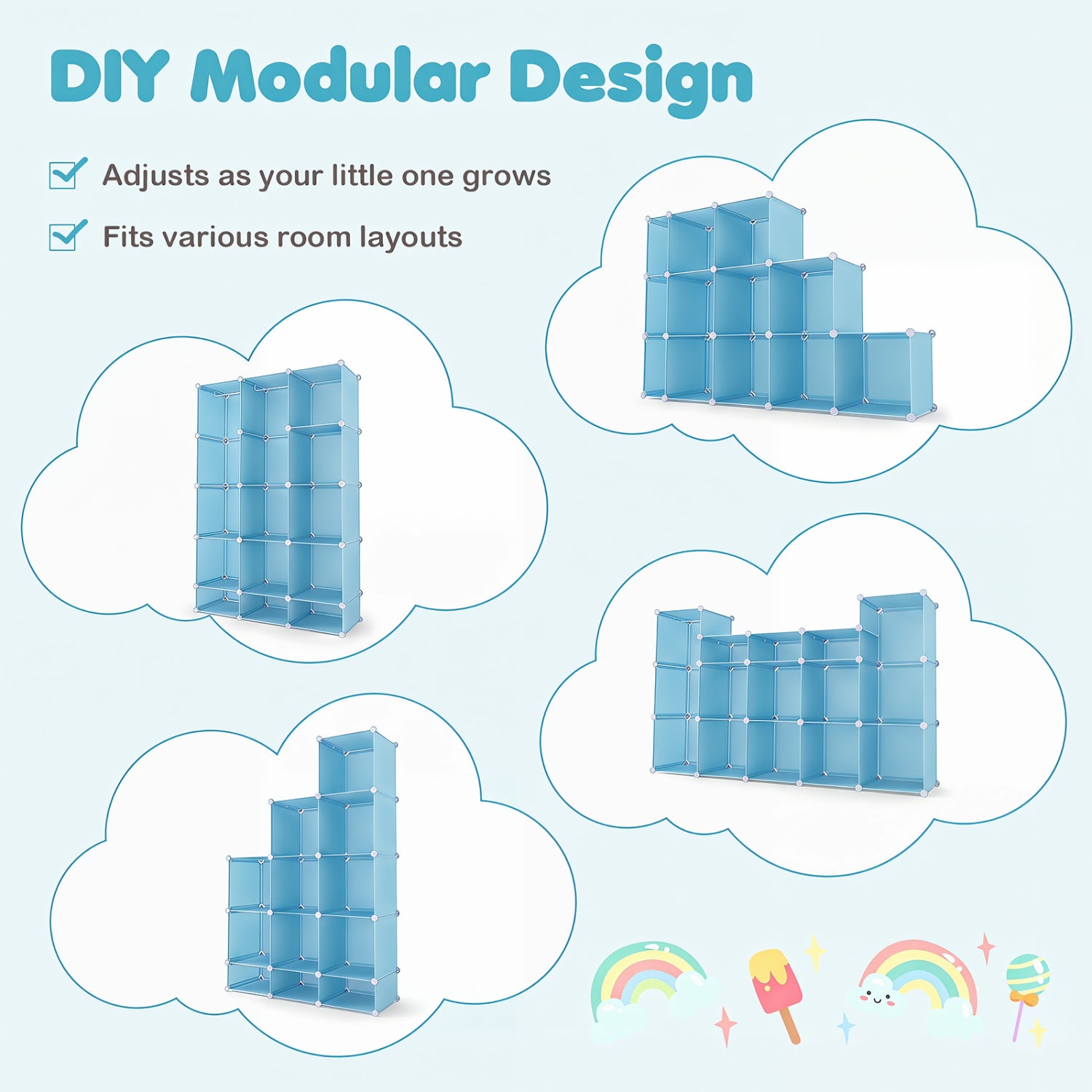 Modular Baby Wardrobe with 13 Cubes and Hanging Rod and Shelves Stackable, Blue Kids Storage at Gallery Canada