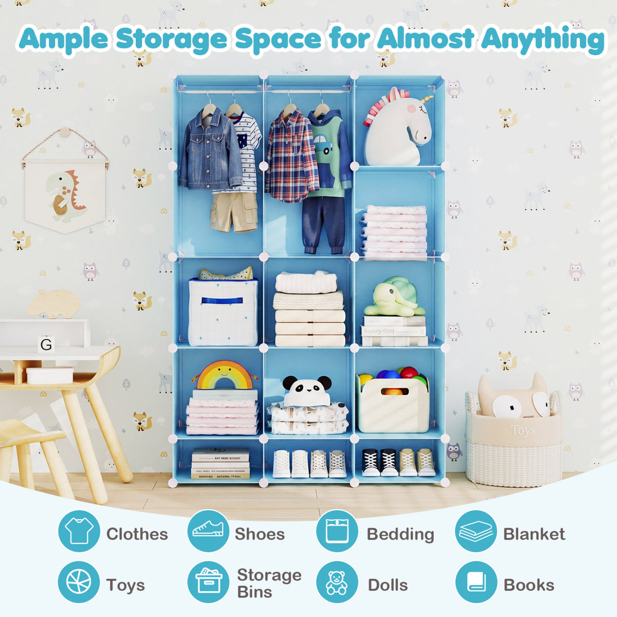 Modular Baby Wardrobe with 13 Cubes and Hanging Rod and Shelves Stackable, Blue Kids Storage at Gallery Canada