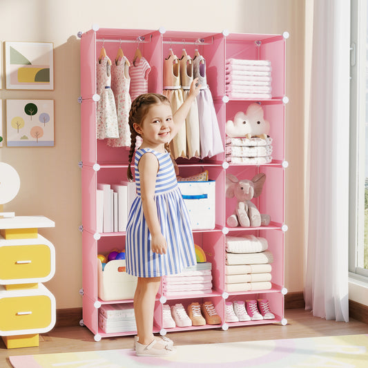 Modular Baby Wardrobe with 13 Cubes and Hanging Rod and Shelves Stackable, Pink Kids Storage Pink at Gallery Canada