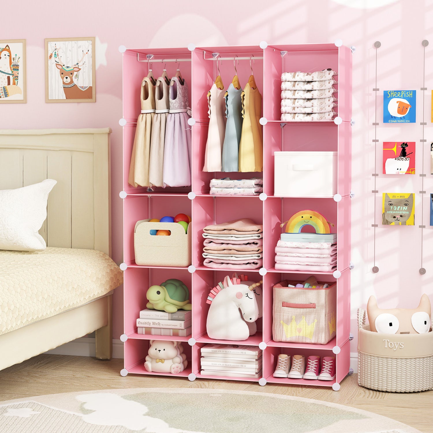 Modular Baby Wardrobe with 13 Cubes and Hanging Rod and Shelves Stackable, Pink Kids Storage at Gallery Canada