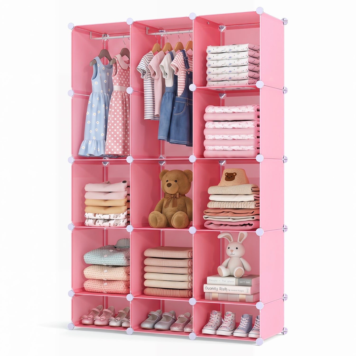 Modular Baby Wardrobe with 13 Cubes and Hanging Rod and Shelves Stackable, Pink Kids Storage at Gallery Canada