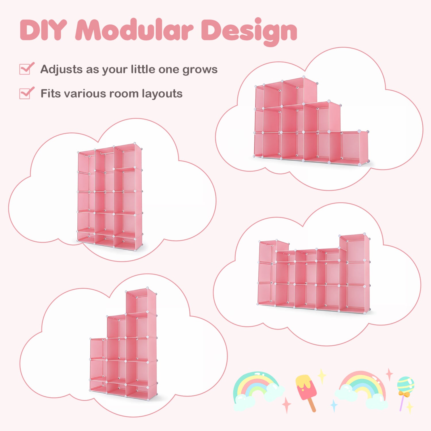 Modular Baby Wardrobe with 13 Cubes and Hanging Rod and Shelves Stackable, Pink Kids Storage at Gallery Canada
