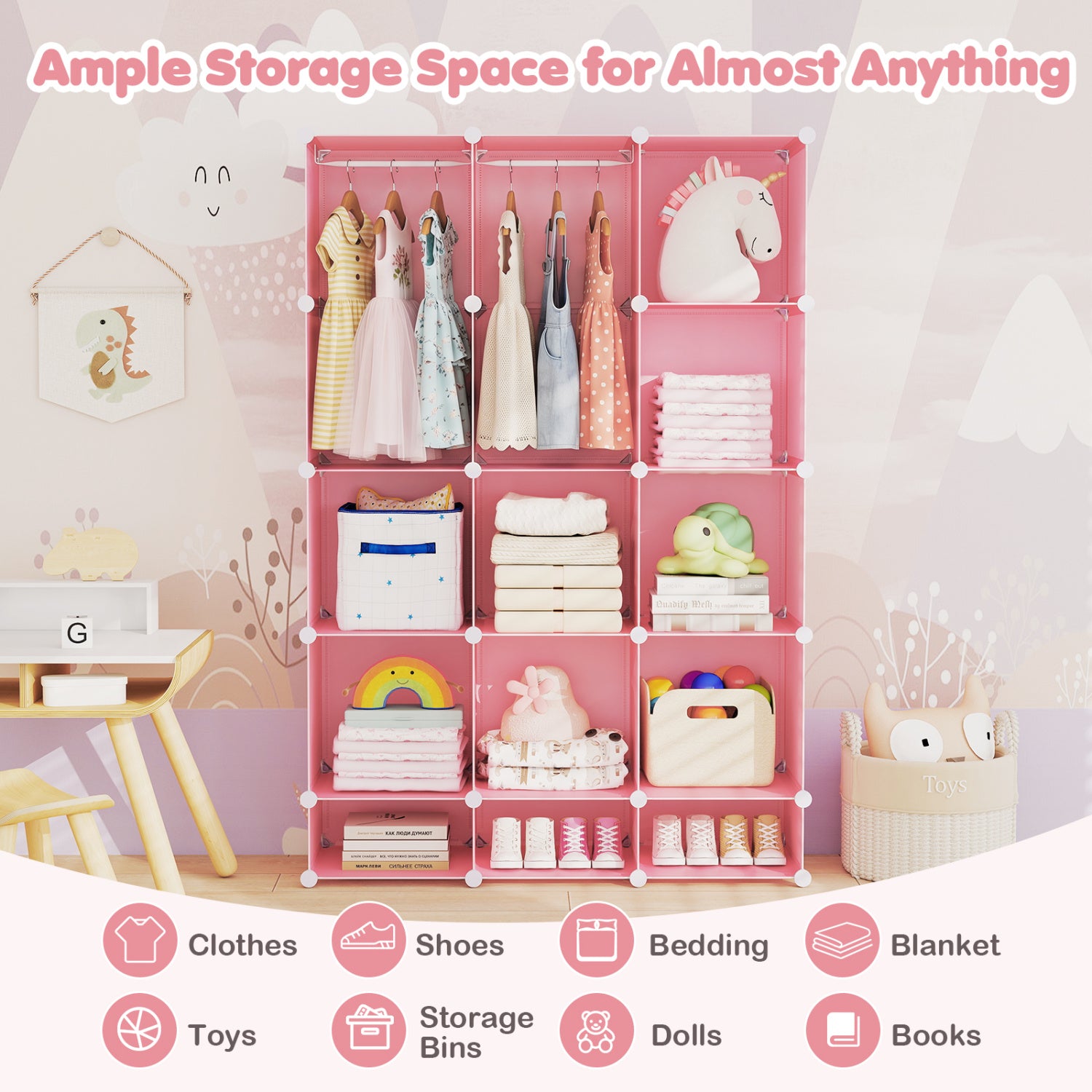 Modular Baby Wardrobe with 13 Cubes and Hanging Rod and Shelves Stackable, Pink Kids Storage at Gallery Canada