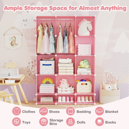 Modular Baby Wardrobe with 13 Cubes and Hanging Rod and Shelves Stackable, Pink Kids Storage at Gallery Canada