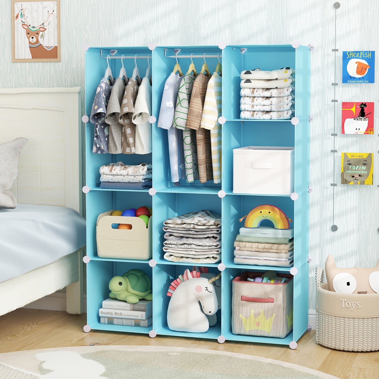 Modular Baby Wardrobe with 10 Cubes & Hanging Rod and Shelves Stackable, Blue Kids Storage at Gallery Canada
