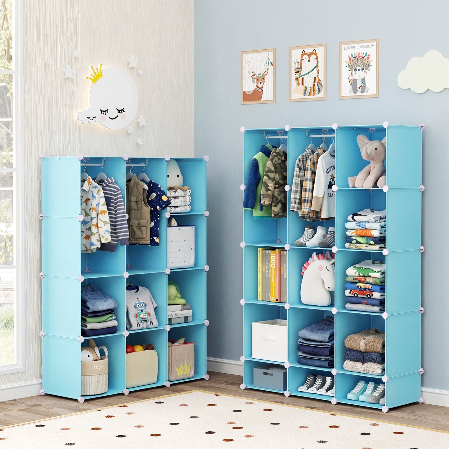 Modular Baby Wardrobe with 10 Cubes & Hanging Rod and Shelves Stackable, Blue Kids Storage at Gallery Canada