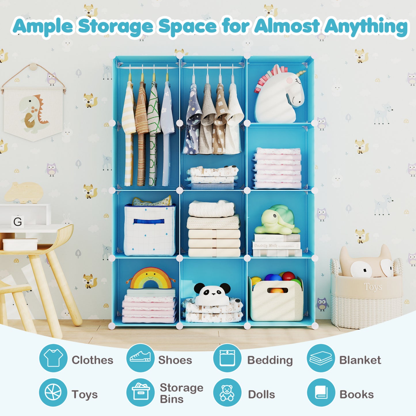 Modular Baby Wardrobe with 10 Cubes & Hanging Rod and Shelves Stackable, Blue Kids Storage at Gallery Canada