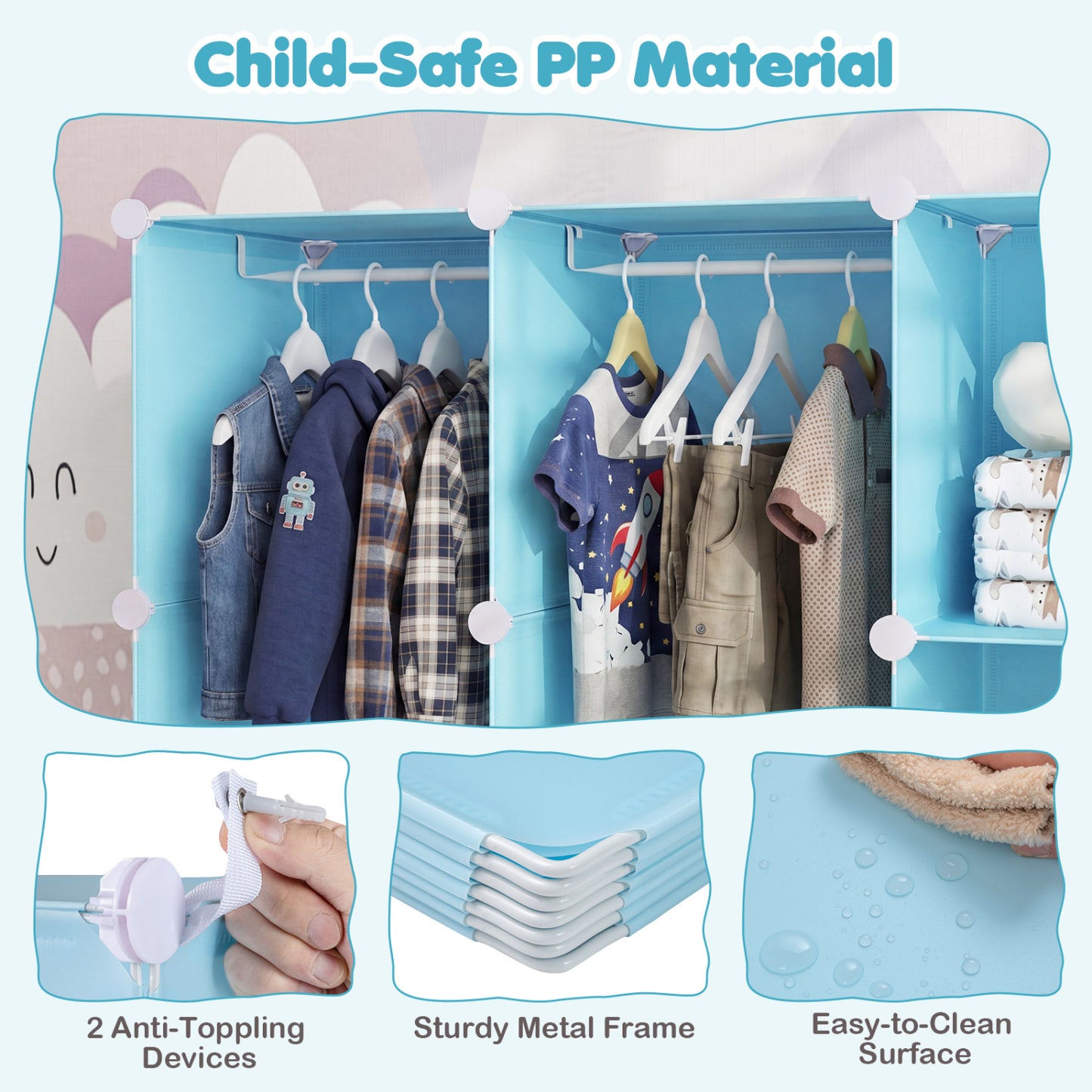 Modular Baby Wardrobe with 10 Cubes & Hanging Rod and Shelves Stackable, Blue Kids Storage at Gallery Canada