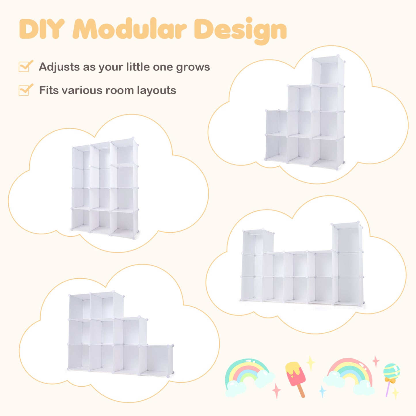 Modular Baby Wardrobe with 10 Cubes & Hanging Rod and Shelves Stackable, White Kids Storage at Gallery Canada