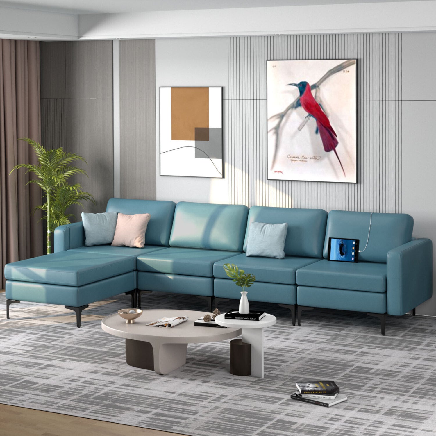 Modular L-Shaped Sectional Sofa, Reversible Ottoman, 2 USB Ports, Blue Sofas & Loveseats at Gallery Canada