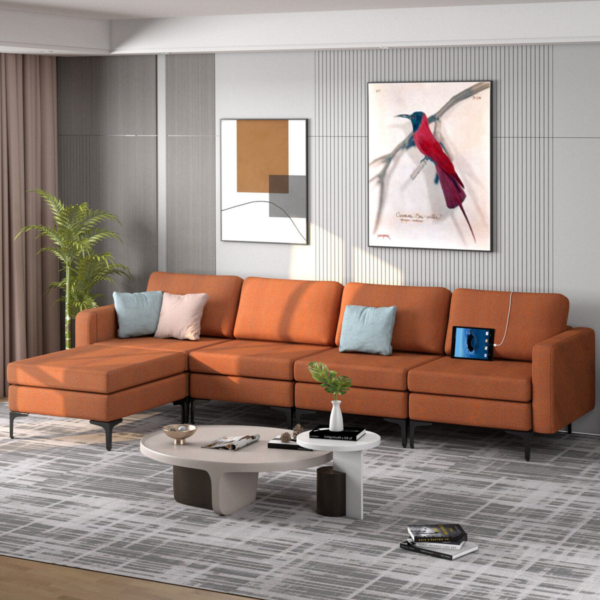 Modular L-Shaped Sectional Sofa, Reversible Ottoman, 2 USB Ports, Orange Sofas & Loveseats at Gallery Canada
