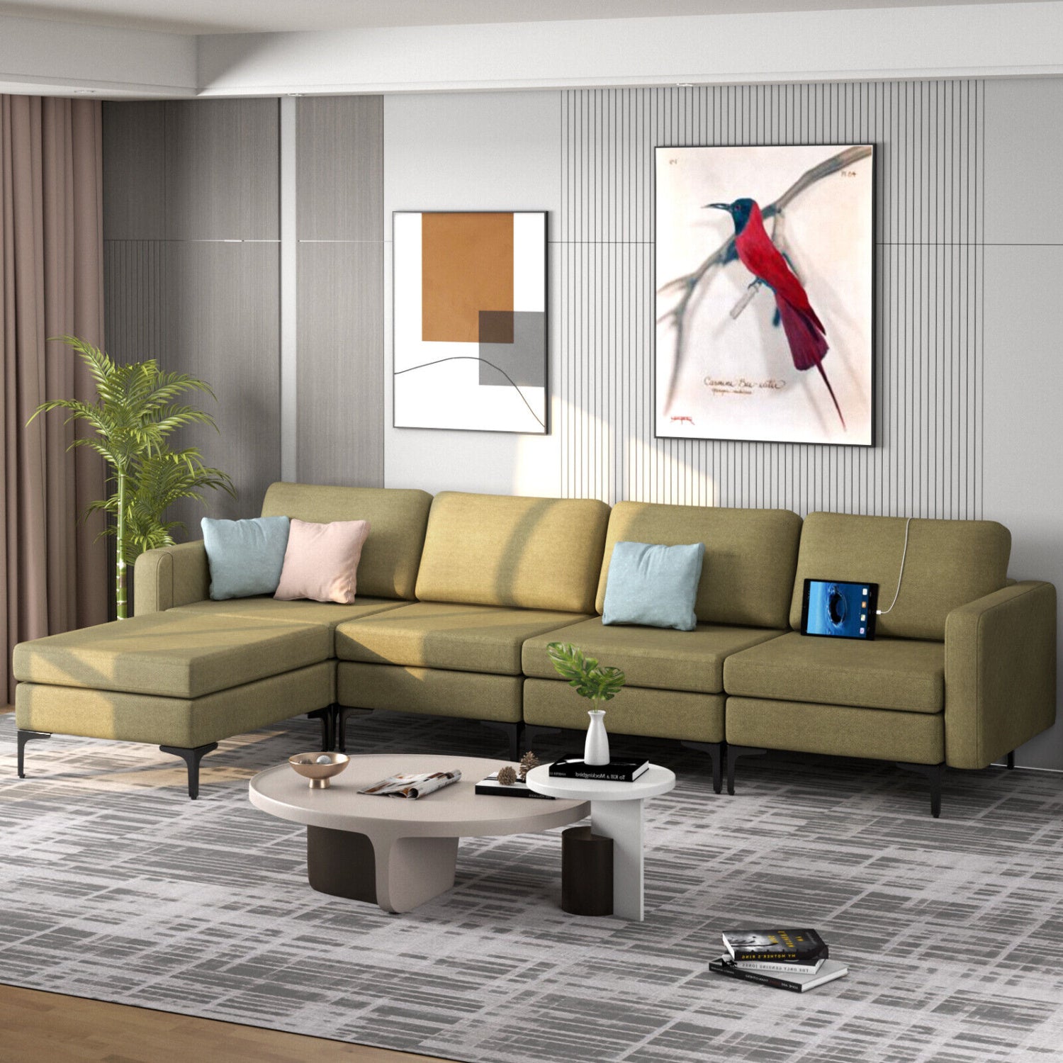 Modular L-Shaped Sectional Sofa, Reversible Ottoman, 2 USB Ports, Green Sofas & Loveseats at Gallery Canada