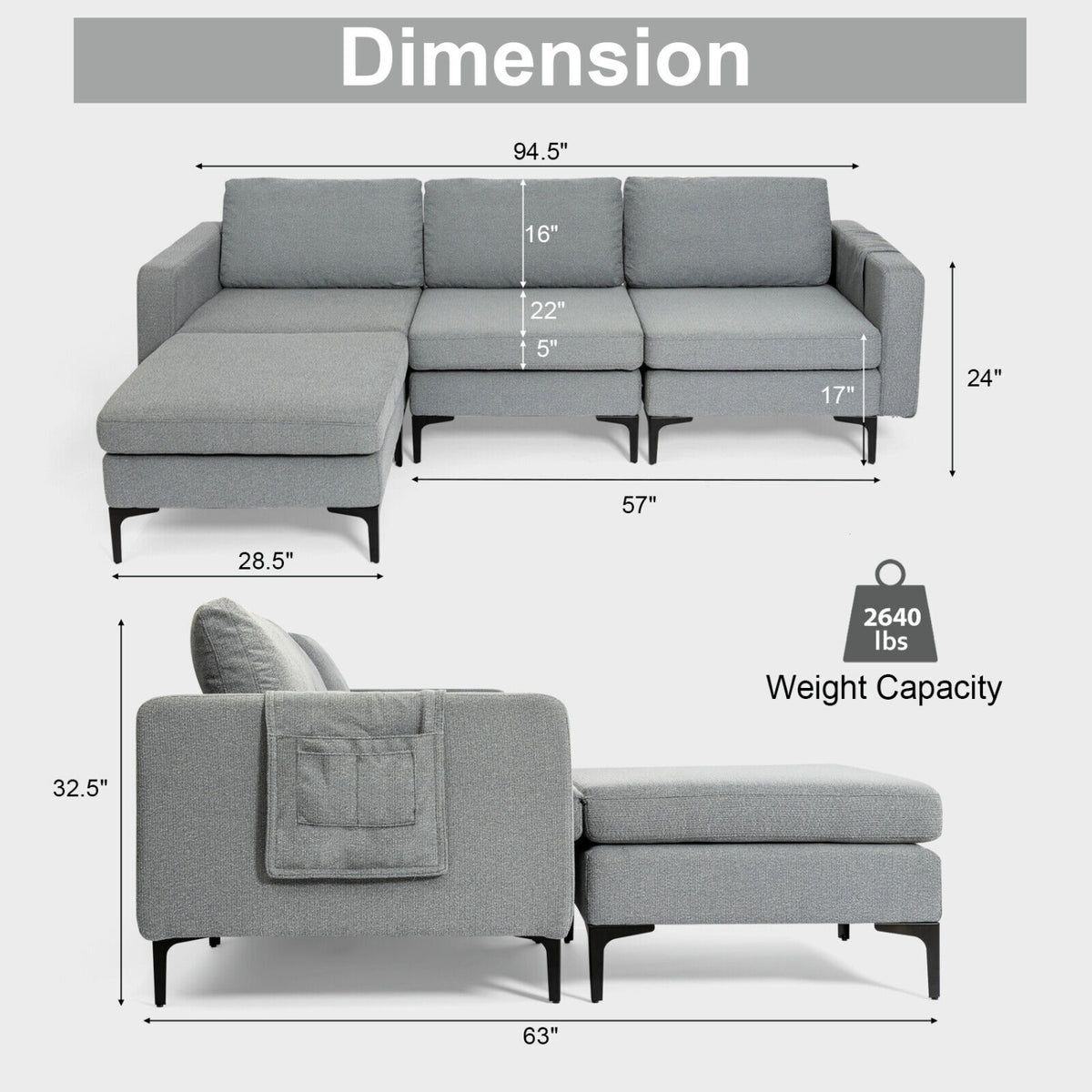 Modular L-Shaped Sectional Sofa, Reversible Chaise, 2 USB Ports, Dark Gray Sofas & Loveseats at Gallery Canada