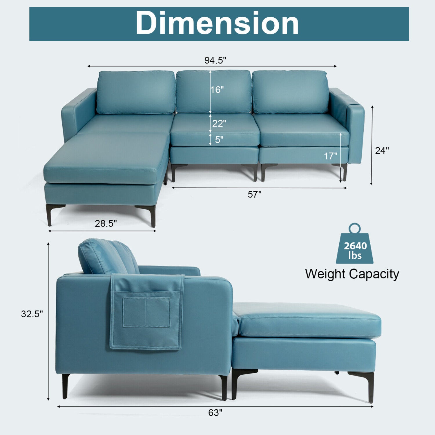 Modular L-Shaped Sectional Sofa, Reversible Chaise, 2 USB Ports, Blue Sofas & Loveseats at Gallery Canada