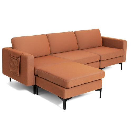 Modular L-Shaped Sectional Sofa, Reversible Chaise, 2 USB Ports, Orange