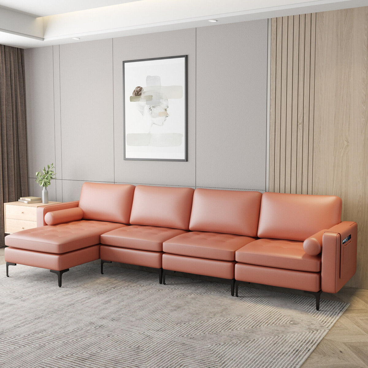 Modular Modern L-shaped Sectional Sofa with Reversible Chaise and 2 USB Ports, Pink Sofas & Loveseats at Gallery Canada