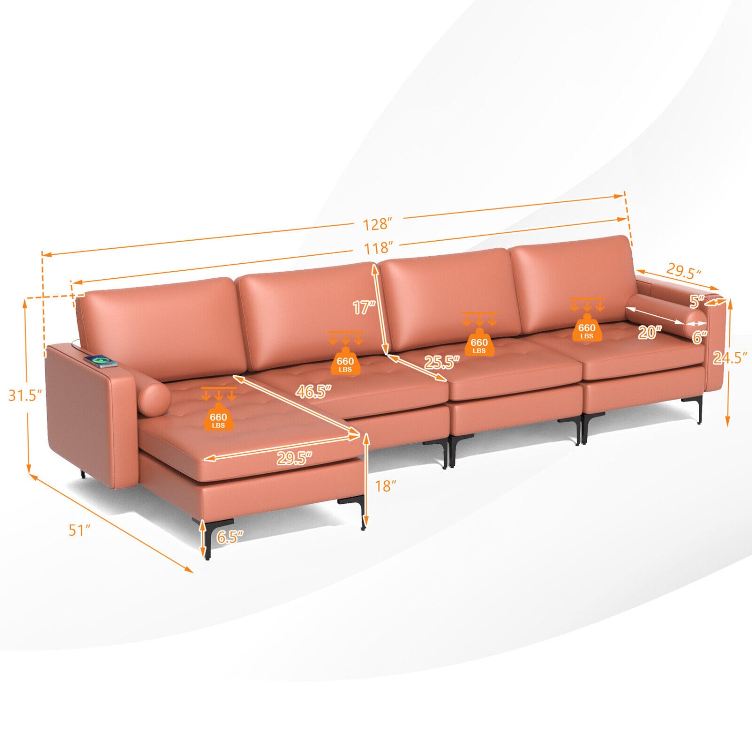 Modular Modern L-shaped Sectional Sofa with Reversible Chaise and 2 USB Ports, Pink Sofas & Loveseats at Gallery Canada