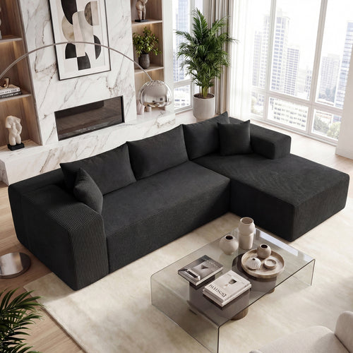 Modular Sectional Sofa Corduroy Upholstered L-shaped Sofa Couch with Deep Seats, Black