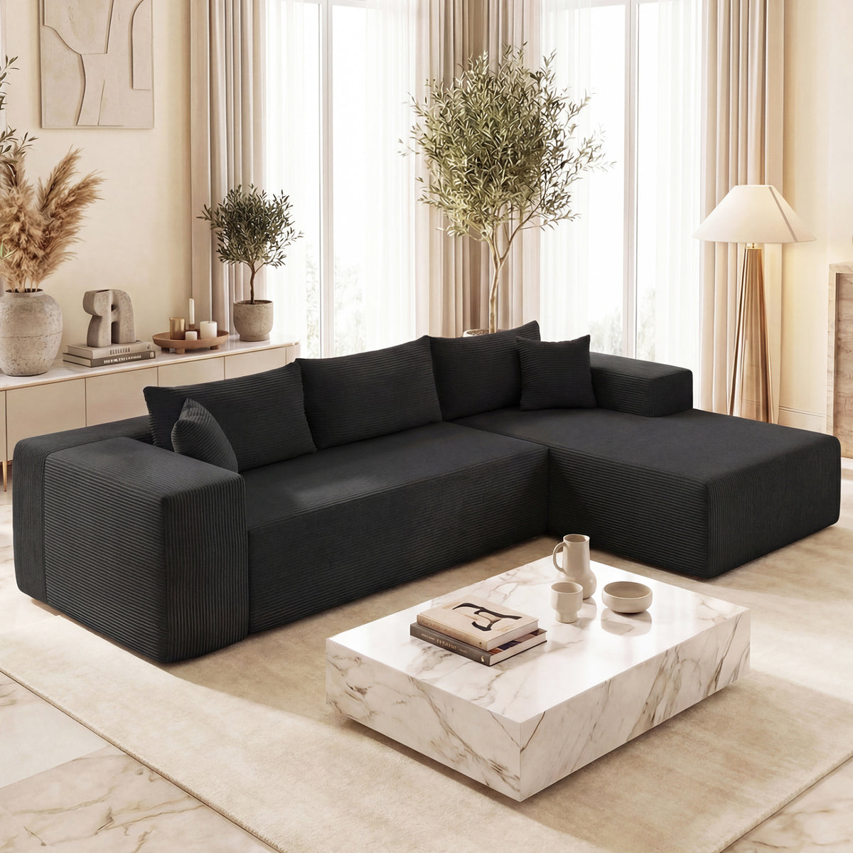 Modular Sectional Sofa Corduroy Upholstered L-shaped Sofa Couch with Deep Seats, Black Sofas & Loveseats at Gallery Canada
