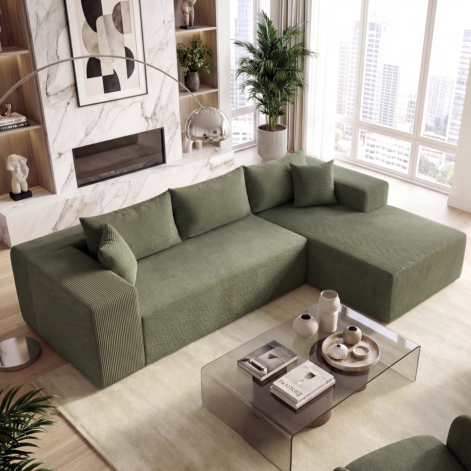 Modular Sectional Sofa Corduroy Upholstered L-shaped Sofa Couch with Deep Seats, Green Sofas & Loveseats at Gallery Canada