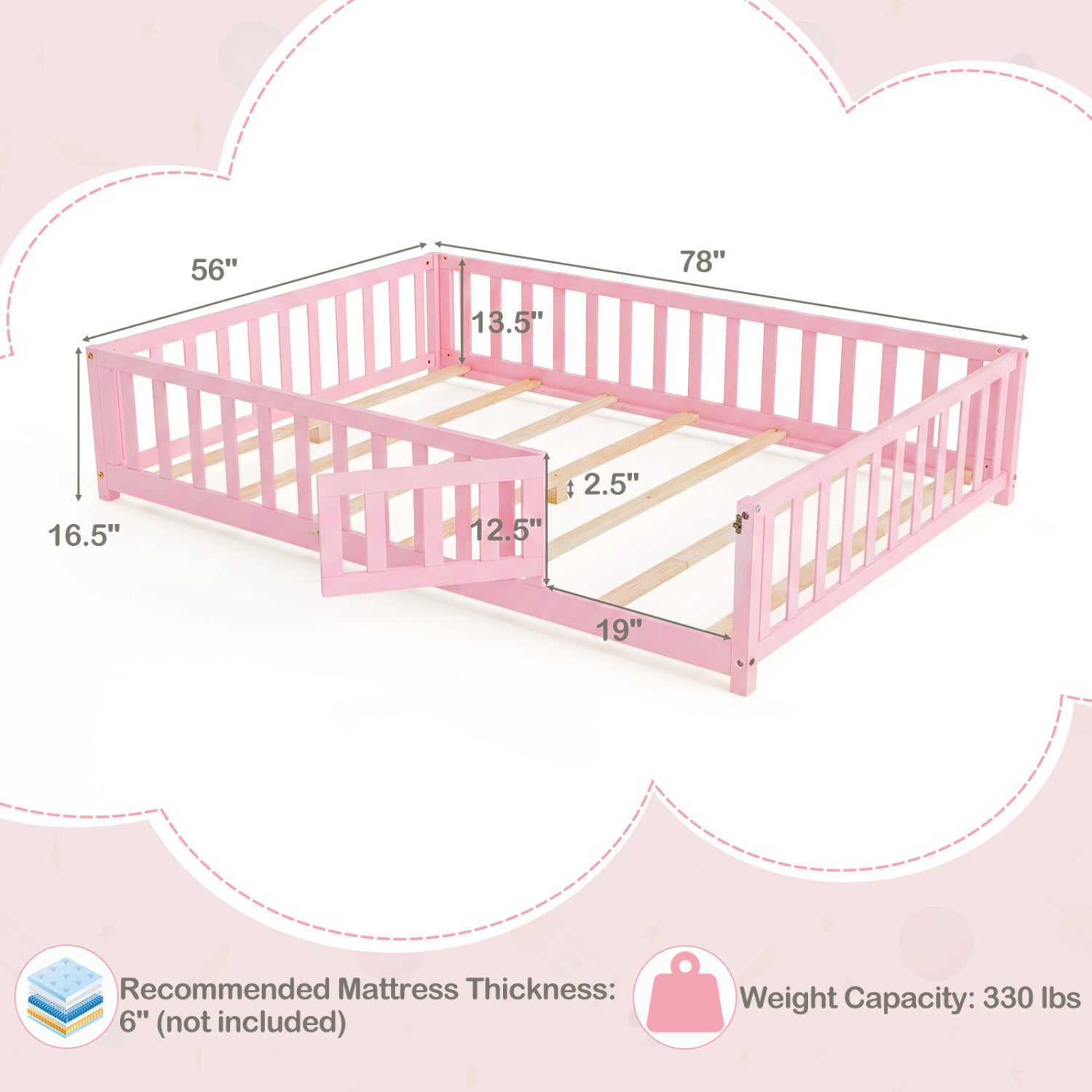 Montessori Bed Frame, Full-Length Guardrails, Pink Toddler Beds at Gallery Canada