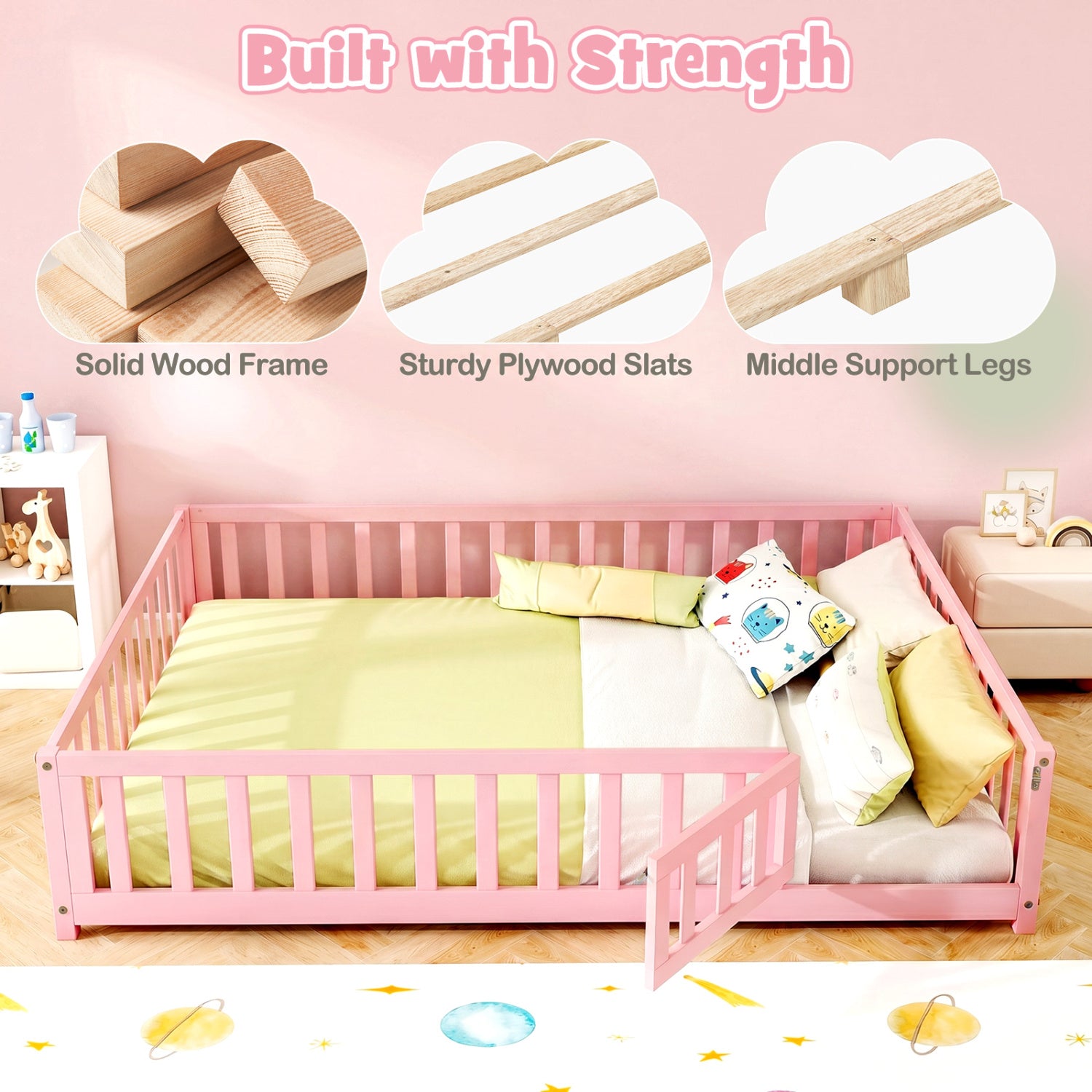 Montessori Bed Frame, Full-Length Guardrails, Pink Toddler Beds at Gallery Canada