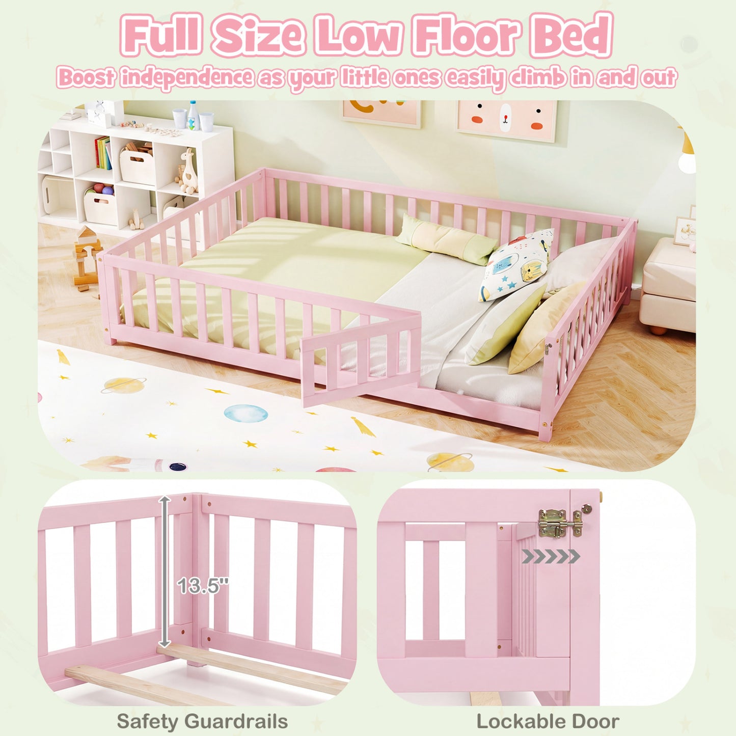 Montessori Bed Frame, Full-Length Guardrails, Pink Toddler Beds at Gallery Canada
