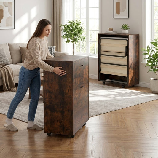 Movable Murphy Bed With Wheels, Foldable Cot With Mattress, Brown Folding Beds Rustic Brown at Gallery Canada