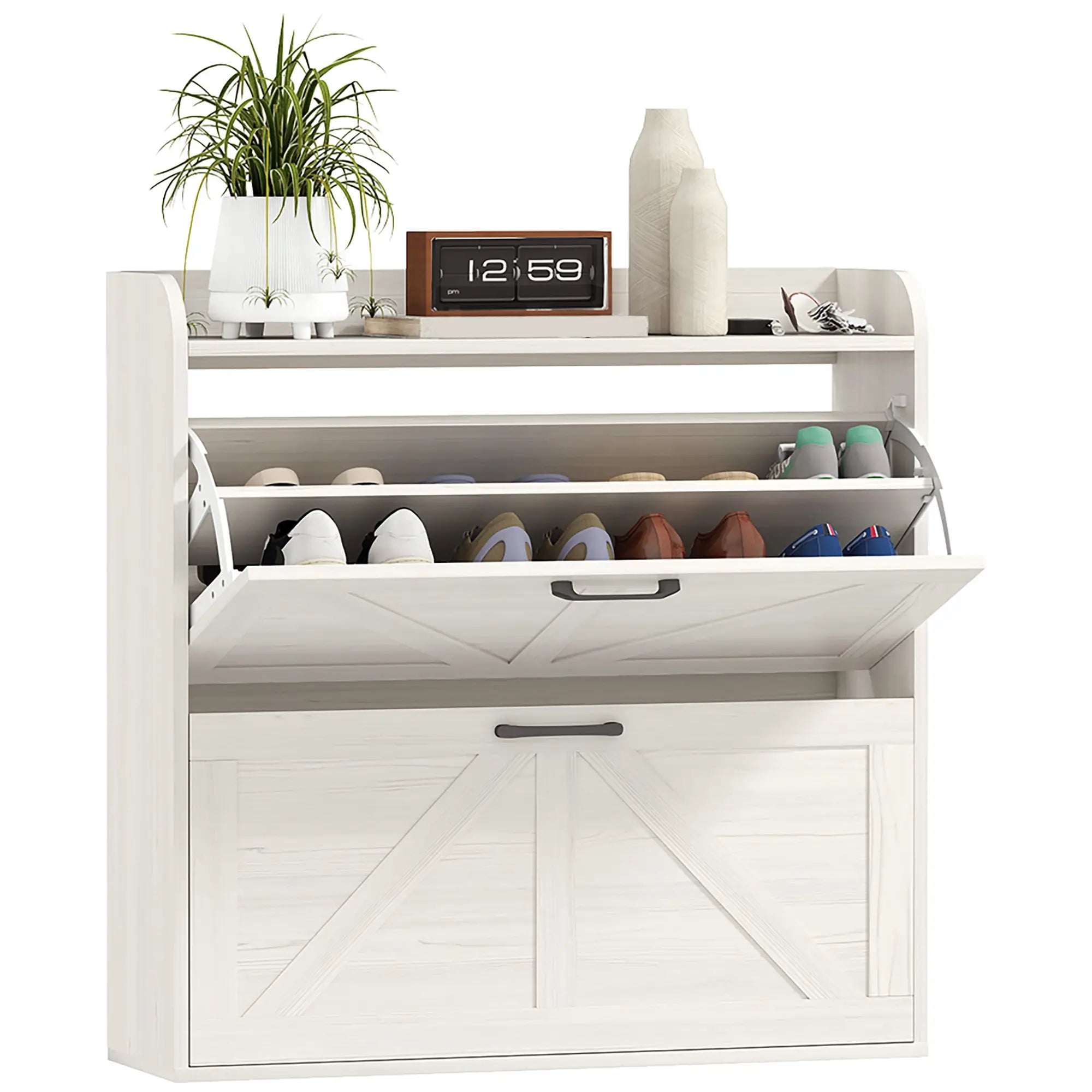 Narrow Shoe Storage Cabinet, 2 Flip Drawers, Adjustable Shelves, White Oak Shoe Storage Cabinets & Racks White Oak at Gallery Canada