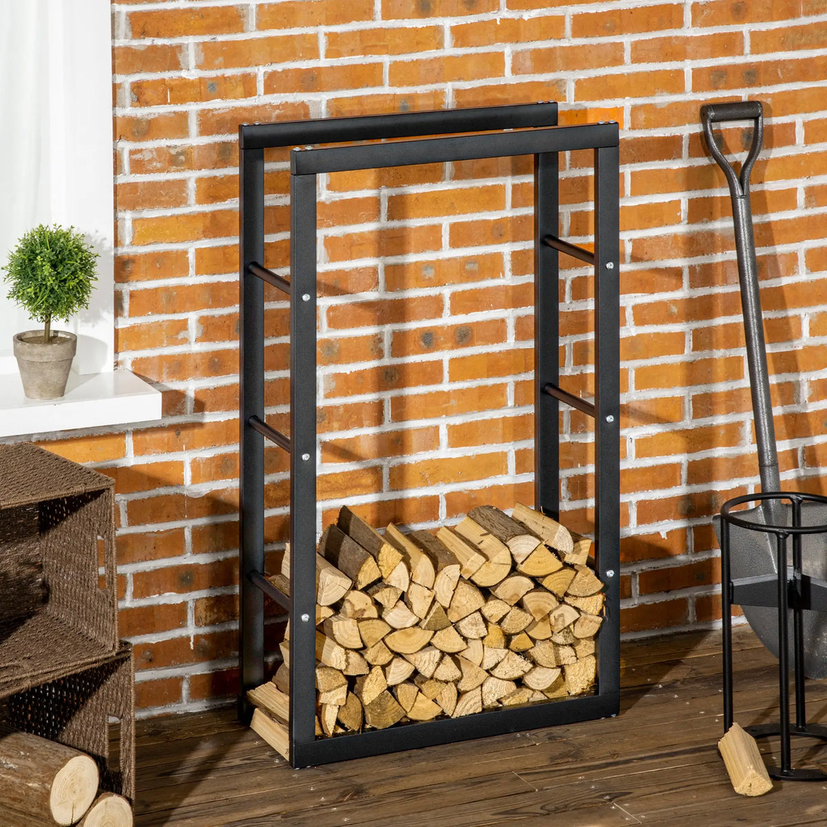 Outdoor Firewood Rack, Log Holder with Handles, 220 lbs. Capacity, 23.6" x 9.8" x 39.4", Black Firewood Racks at Gallery Canada